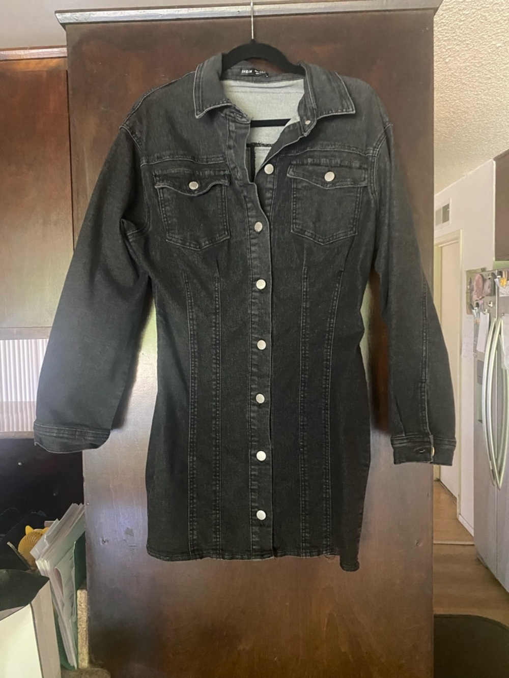SHEIN Black Long Sleeve Denim Button-Front Dress